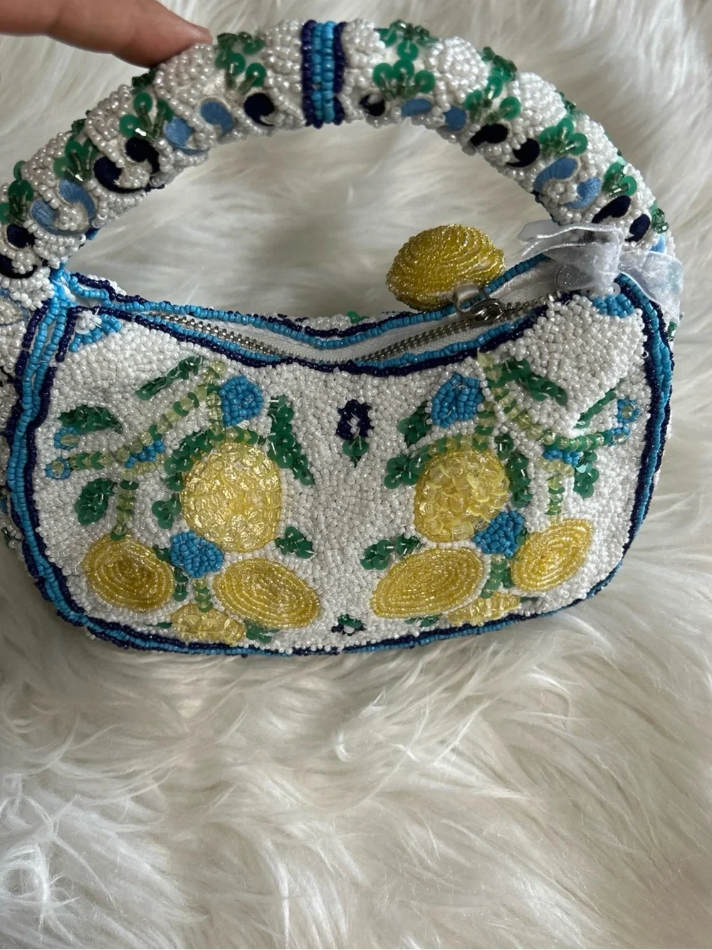 Beaded Lemon Motif Clutch in White and Yellow
